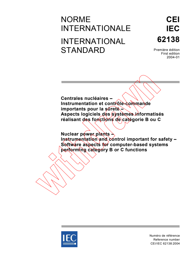 IEC 62138:2004 - Nuclear power plants - Instrumentation and control important for safety - Software aspects for computer-based systems performing category B or C functions
Released:1/16/2004
Isbn:2831873355