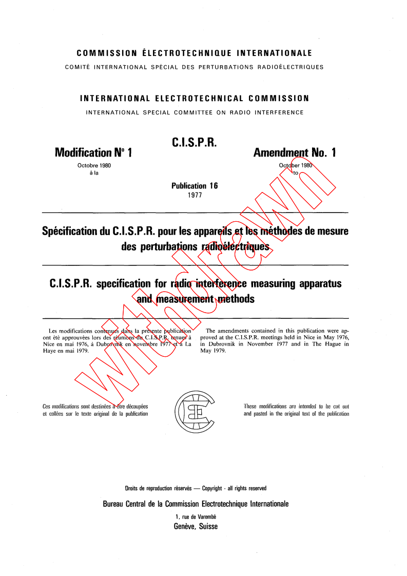 CISPR 16:1977/AMD1:1980 - Amendment 1 - CISPR specification for radio interference measuring apparatus and measurement methods
Released:10/1/1980