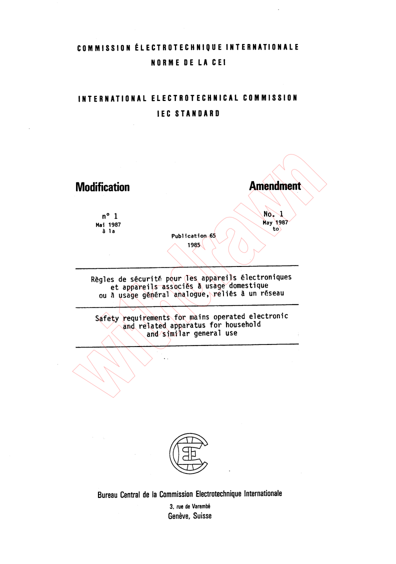 IEC 60065:1985/AMD1:1987 - Amendment 1 - Safety requirements for mains operated electronic and related apparatus for household and similar general use
Released:5/1/1987