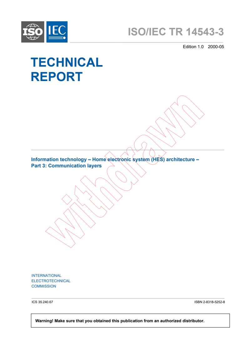 ISO/IEC TR 14543-3:2000 - Information technology - Home Electronic Systems (HES) architecture - Part 3: Communication layers
Released:5/25/2000
Isbn:2831852528