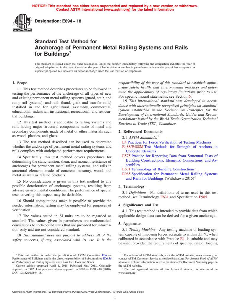 ASTM E894-18 - Standard Test Method for Anchorage of Permanent Metal Railing Systems and Rails for  Buildings