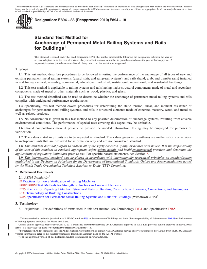 REDLINE ASTM E894-18 - Standard Test Method for Anchorage of Permanent Metal Railing Systems and Rails for  Buildings