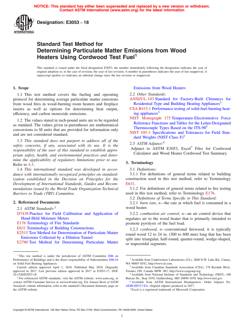 ASTM E3053-18 - Standard Test Method for Determining Particulate Matter Emissions from Wood Heaters  Using Cordwood Test Fuel