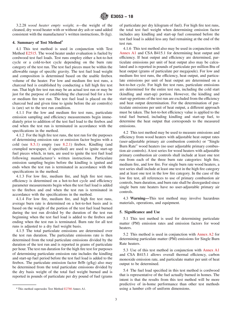 ASTM E3053-18 - Standard Test Method for Determining Particulate Matter Emissions from Wood Heaters  Using Cordwood Test Fuel