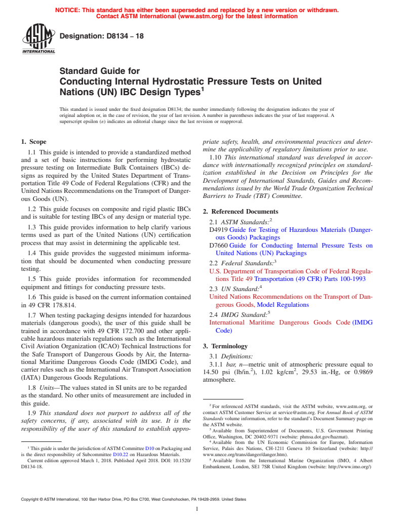 ASTM D8134-18 - Standard Guide for Conducting Internal Hydrostatic Pressure Tests on United Nations  (UN) IBC Design Types