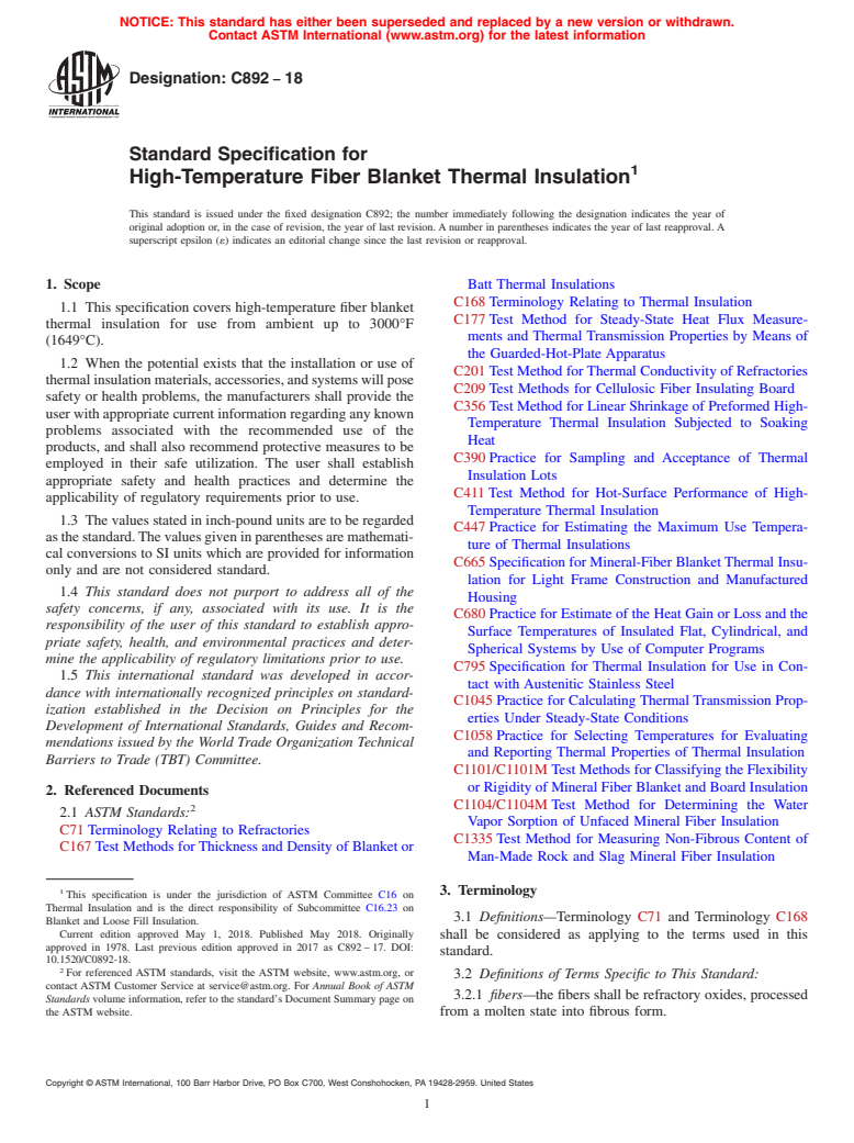 ASTM C892-18 - Standard Specification for High-Temperature Fiber Blanket Thermal Insulation