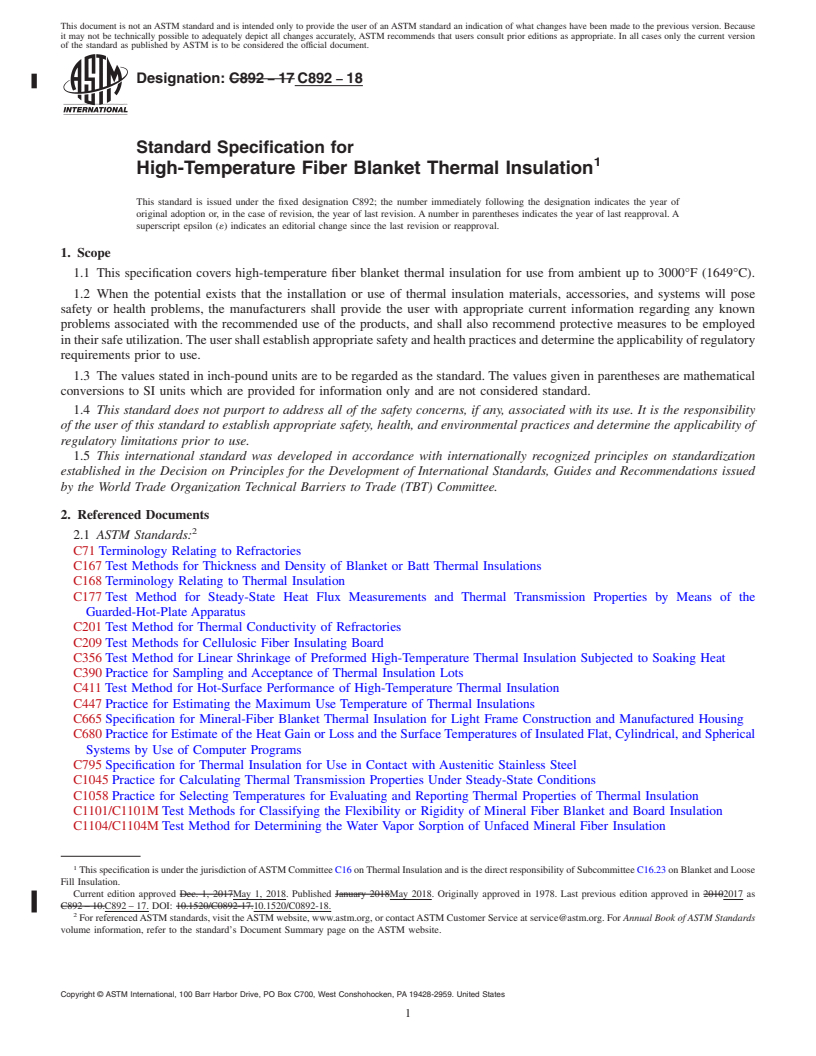 REDLINE ASTM C892-18 - Standard Specification for High-Temperature Fiber Blanket Thermal Insulation