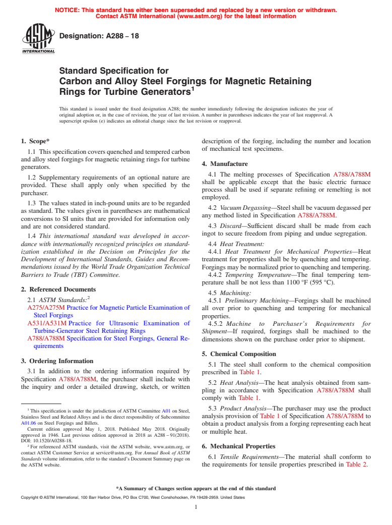 ASTM A288-18 - Standard Specification for Carbon and Alloy Steel Forgings for Magnetic Retaining Rings  for Turbine Generators