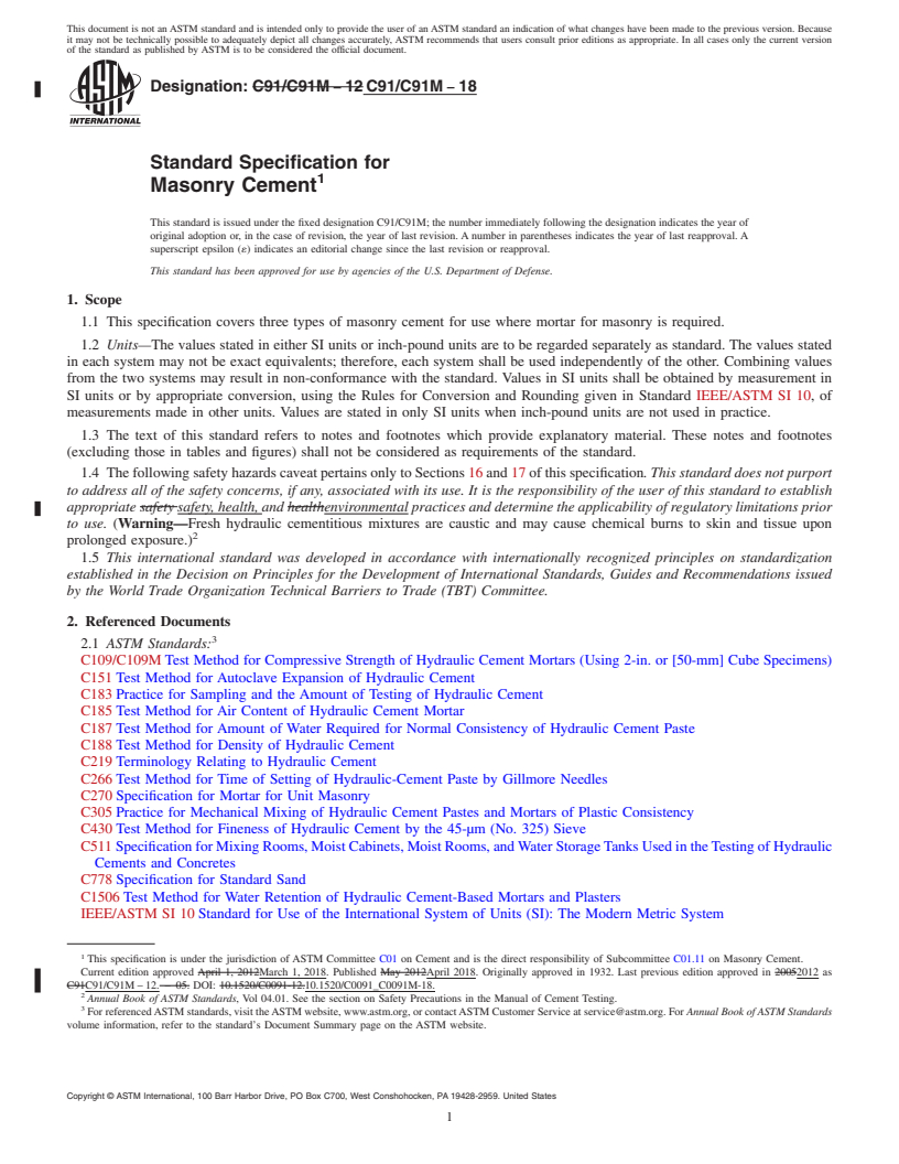 REDLINE ASTM C91/C91M-18 - Standard Specification for  Masonry Cement