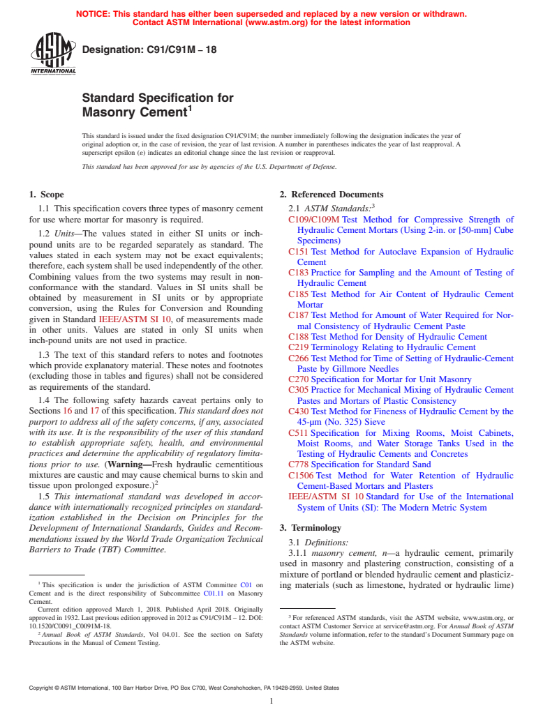 ASTM C91/C91M-18 - Standard Specification for  Masonry Cement