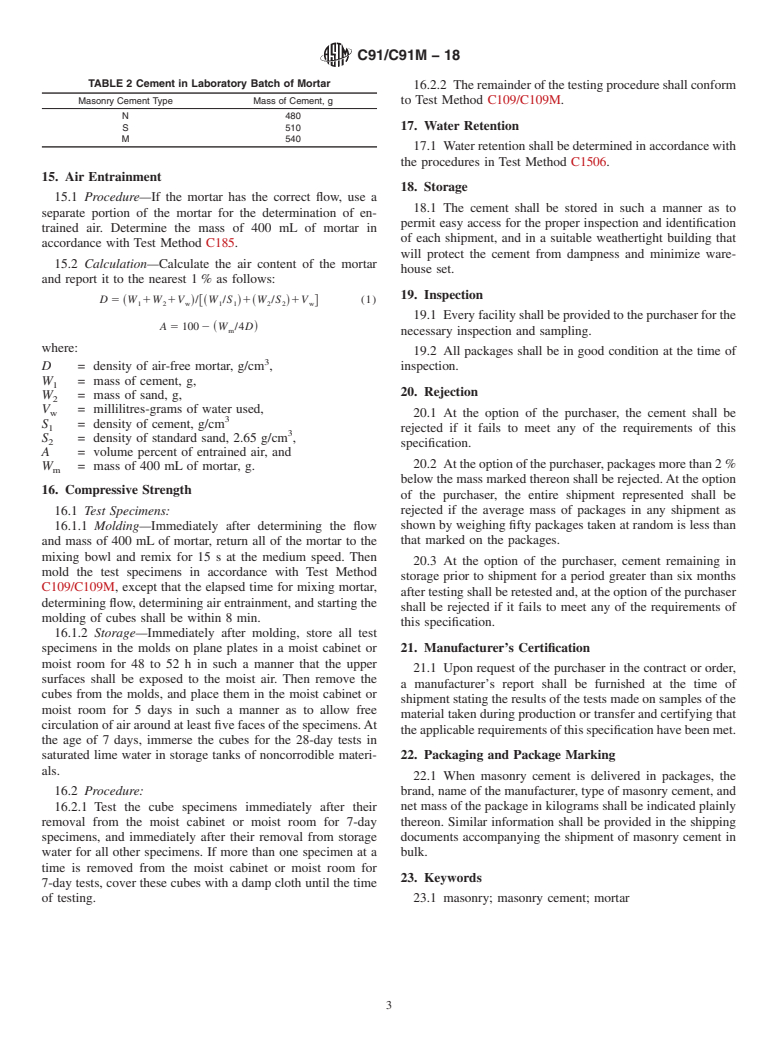 ASTM C91/C91M-18 - Standard Specification for  Masonry Cement