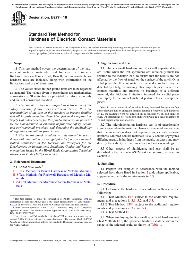 ASTM B277-18 - Standard Test Method for Hardness of Electrical Contact Materials