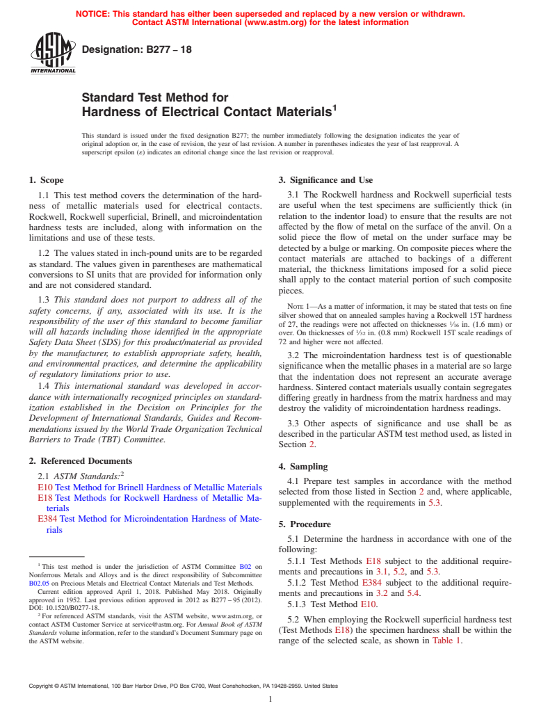 ASTM B277-18 - Standard Test Method for Hardness of Electrical Contact Materials