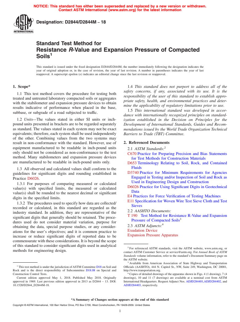 ASTM D2844/D2844M-18 - Standard Test Method for Resistance <emph type="bdit">R</emph>-Value and Expansion Pressure  of Compacted Soils