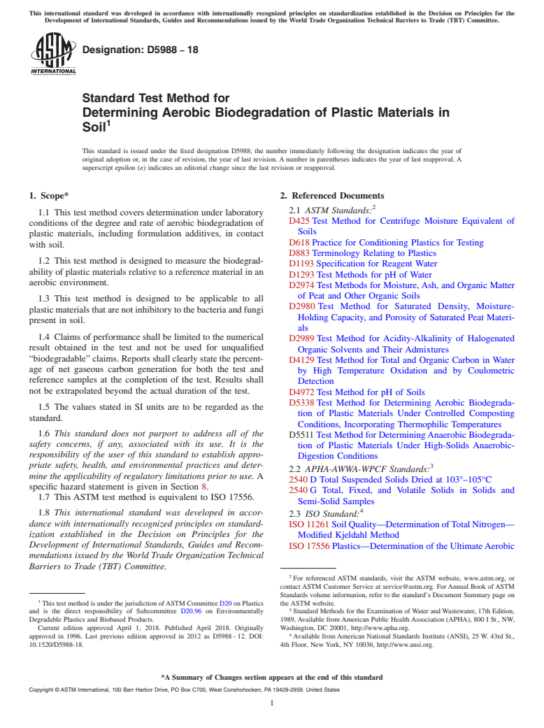 ASTM D5988-18 - Standard Test Method for Determining Aerobic Biodegradation of Plastic Materials in  Soil