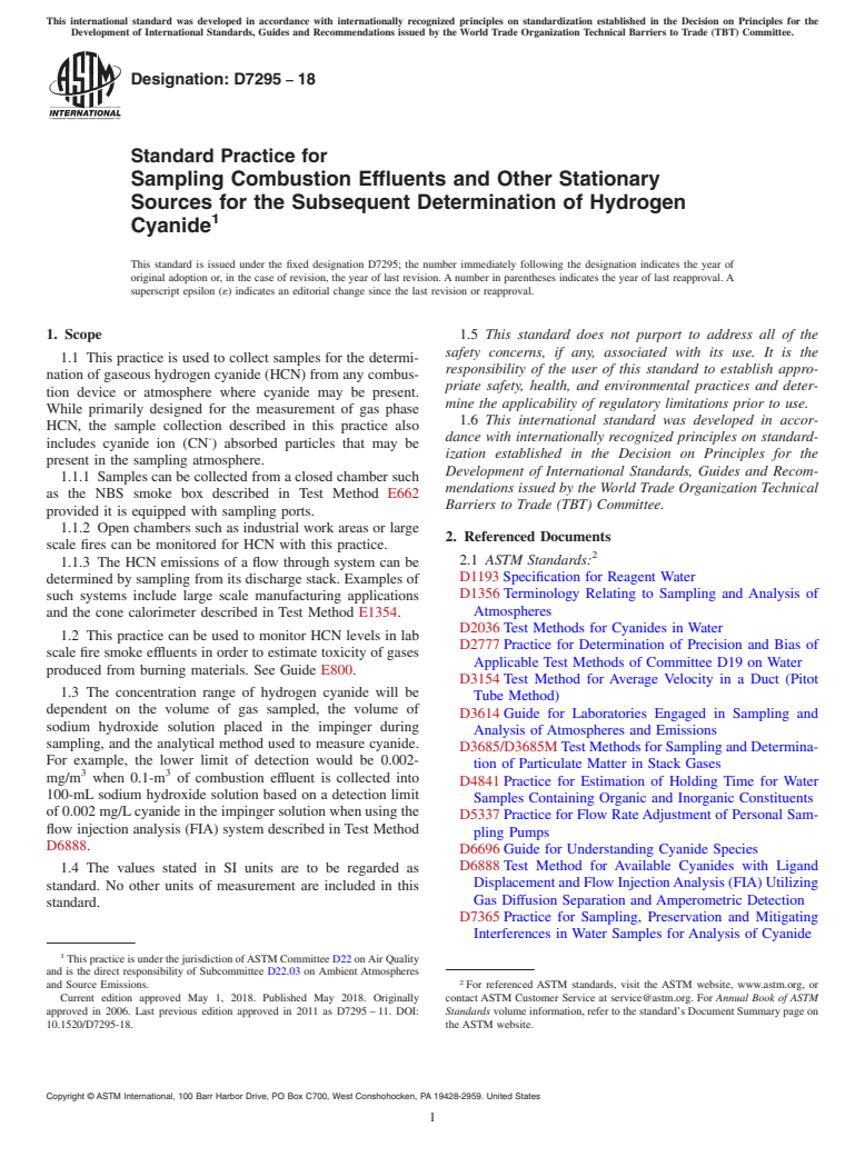 ASTM D7295-18 - Standard Practice for  Sampling Combustion Effluents and Other Stationary Sources  for the Subsequent Determination of Hydrogen Cyanide