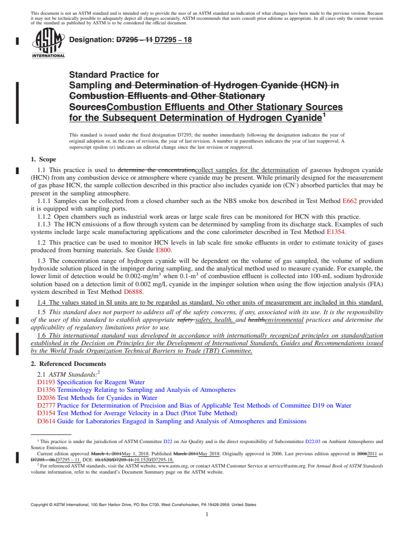 REDLINE ASTM D7295-18 - Standard Practice for  Sampling Combustion Effluents and Other Stationary Sources  for the Subsequent Determination of Hydrogen Cyanide