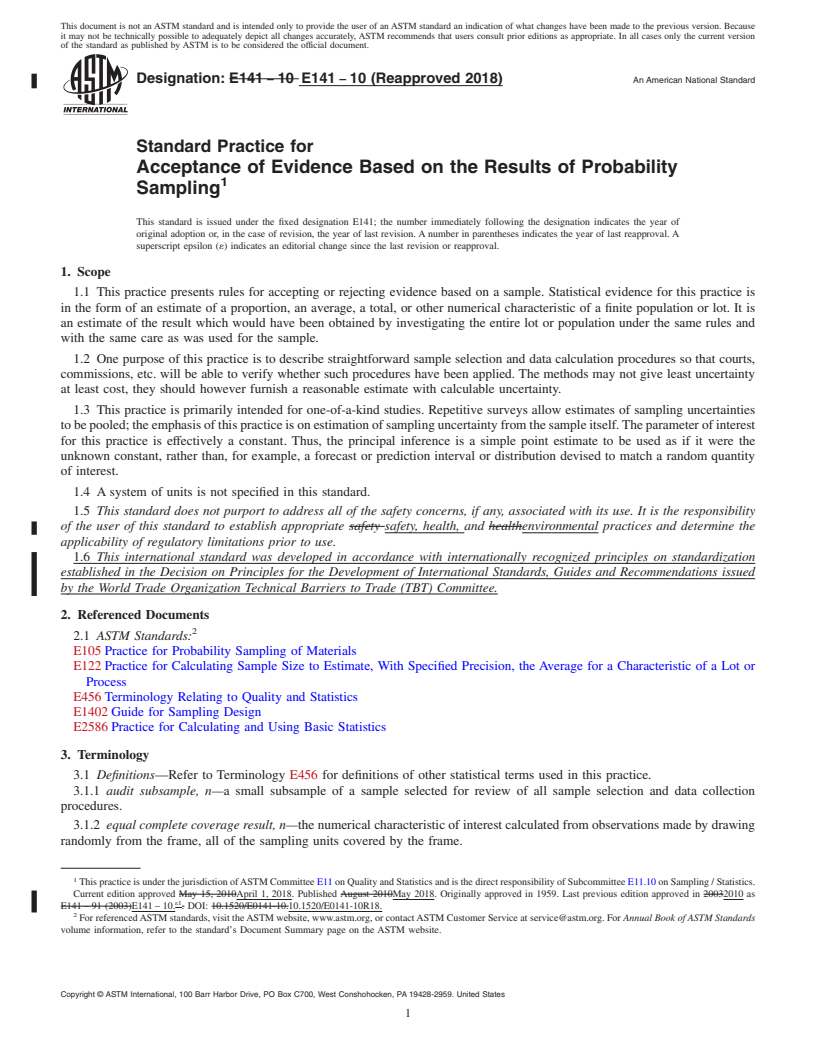 REDLINE ASTM E141-10(2018) - Standard Practice for  Acceptance of Evidence Based on the Results of Probability  Sampling