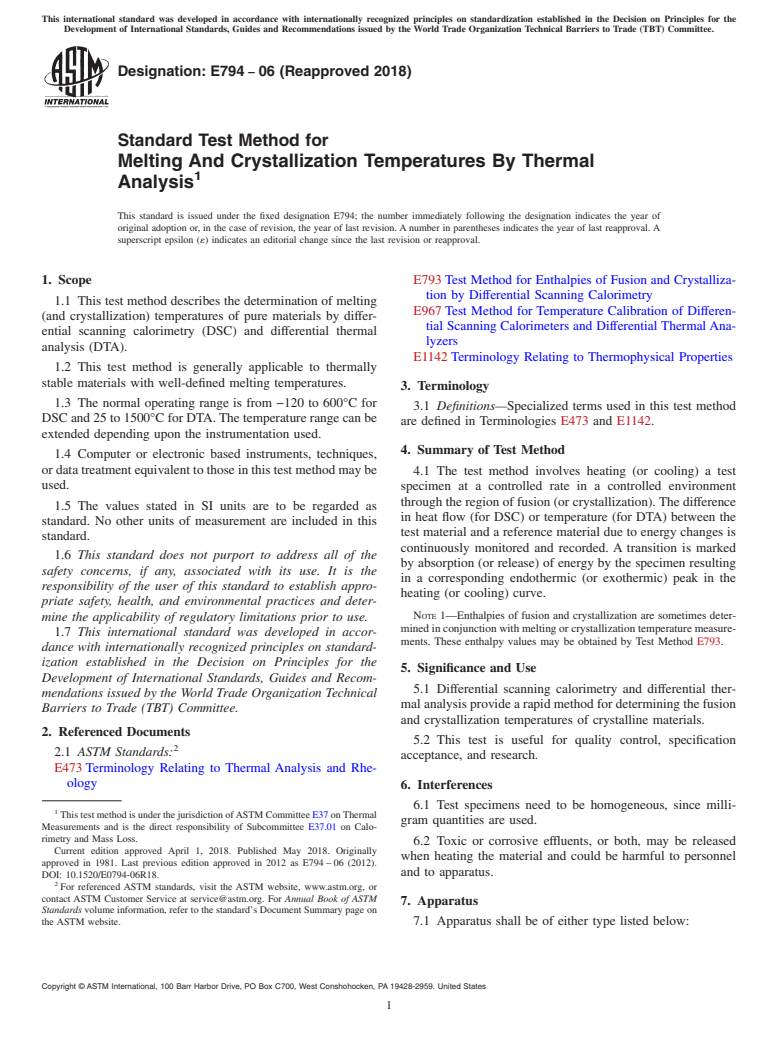 ASTM E794-06(2018) - Standard Test Method for  Melting And Crystallization Temperatures By Thermal Analysis