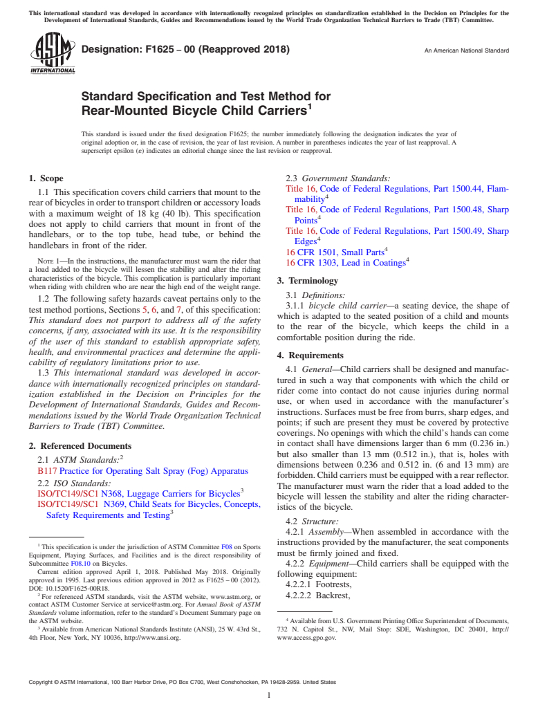 ASTM F1625-00(2018) - Standard Specification and Test Method for Rear-Mounted Bicycle Child Carriers