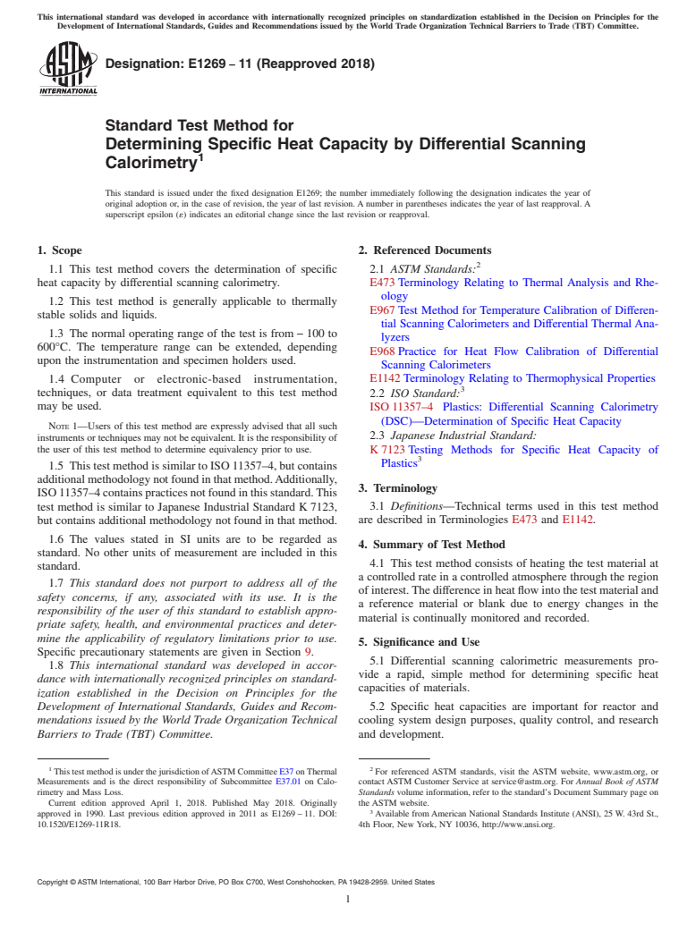 ASTM E1269-11(2018) - Standard Test Method for  Determining Specific Heat Capacity by Differential Scanning  Calorimetry