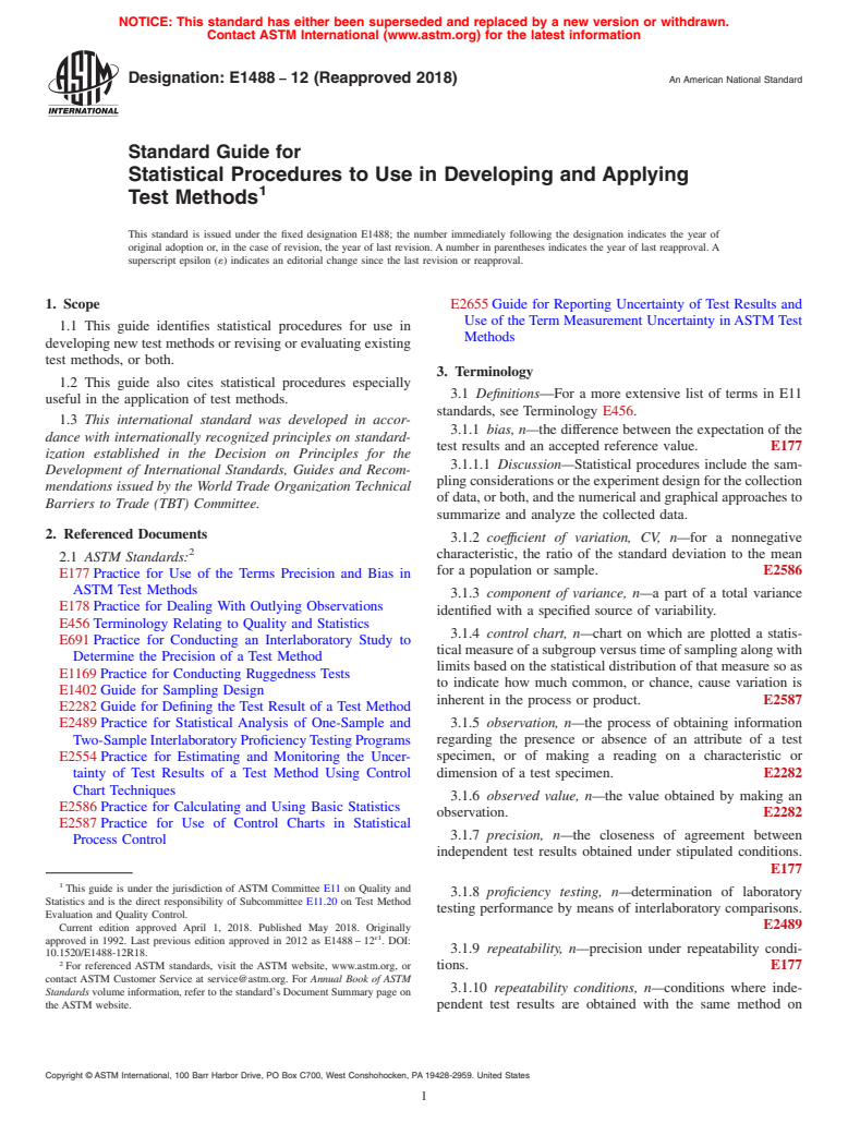 ASTM E1488-12(2018) - Standard Guide for  Statistical Procedures to Use in Developing and Applying Test  Methods