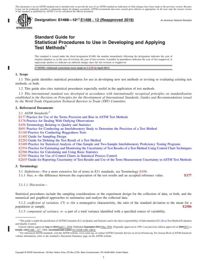 REDLINE ASTM E1488-12(2018) - Standard Guide for  Statistical Procedures to Use in Developing and Applying Test  Methods