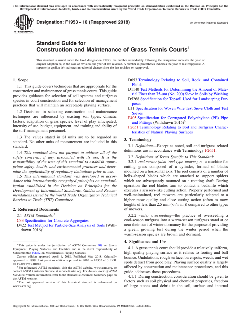 ASTM F1953-10(2018) - Standard Guide for Construction and Maintenance of Grass Tennis Courts