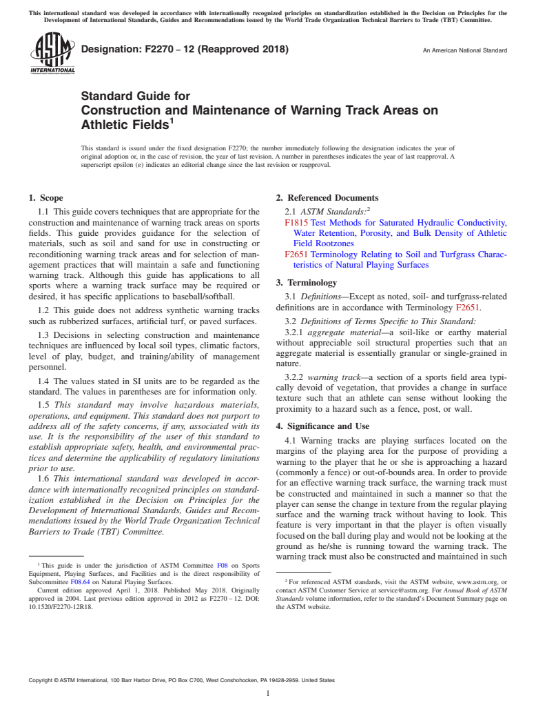 ASTM F2270-12(2018) - Standard Guide for  Construction and Maintenance of Warning Track Areas on Athletic  Fields