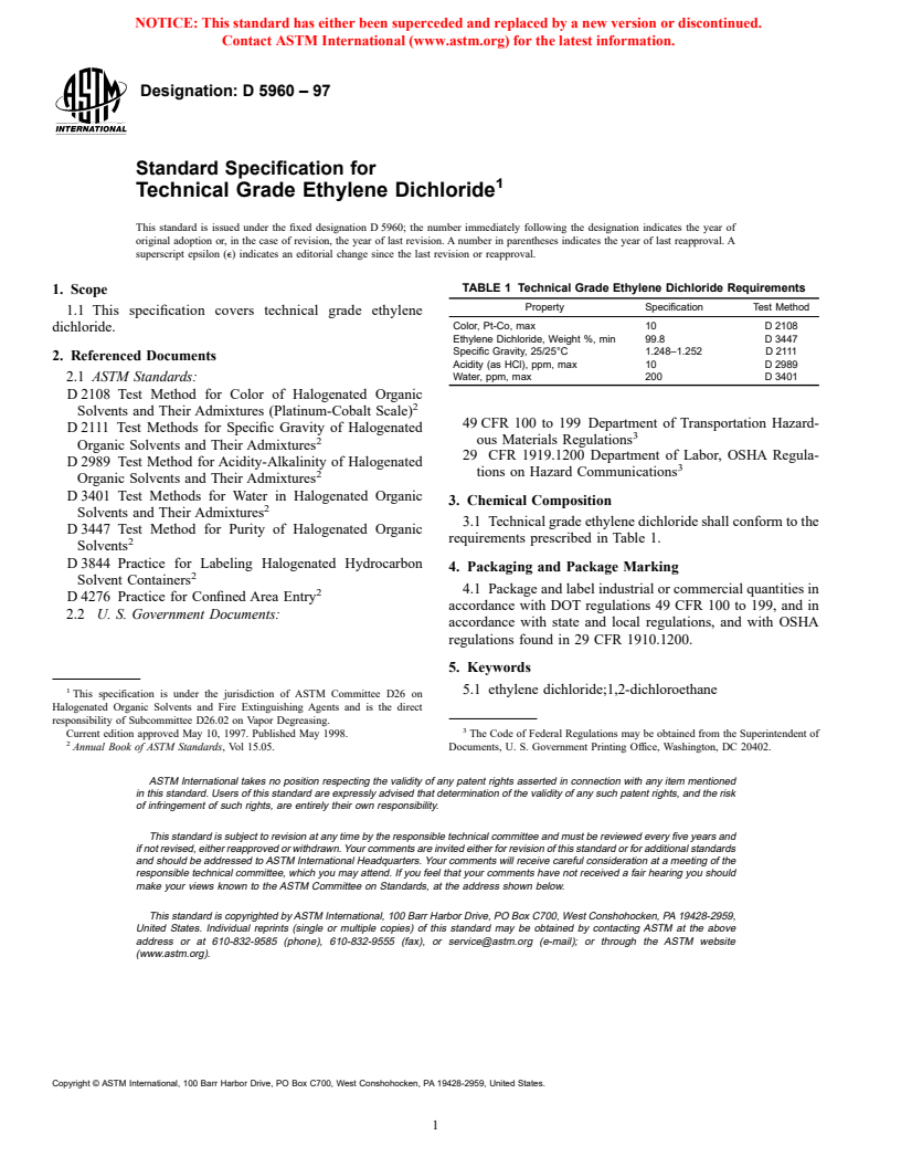 ASTM D5960-97 - Standard Specification for Technical Grade Ethylene Dichloride