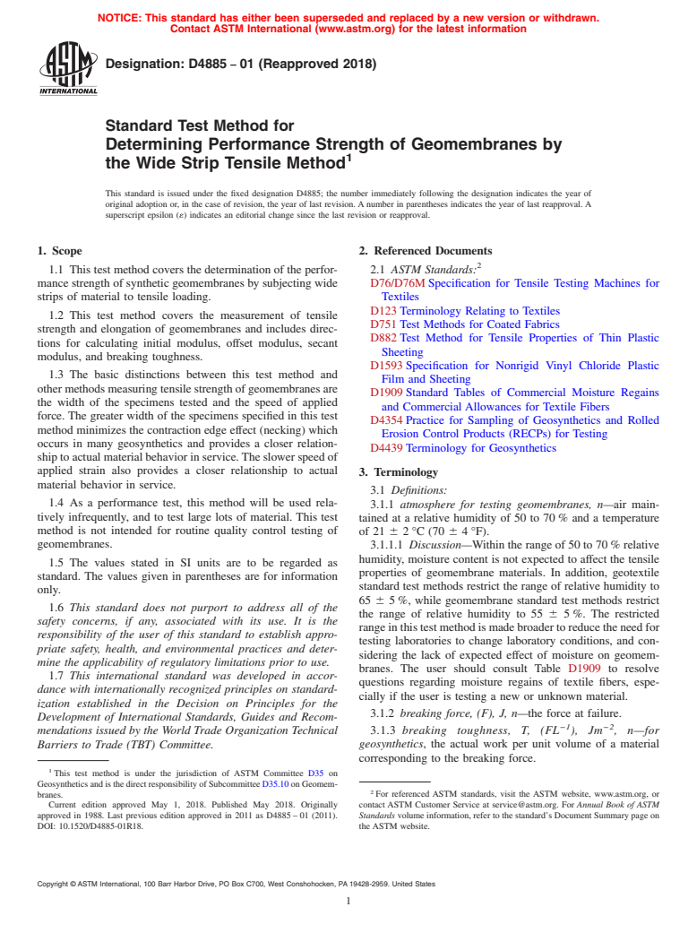 ASTM D4885-01(2018) - Standard Test Method for  Determining Performance Strength of Geomembranes by the Wide  Strip Tensile Method