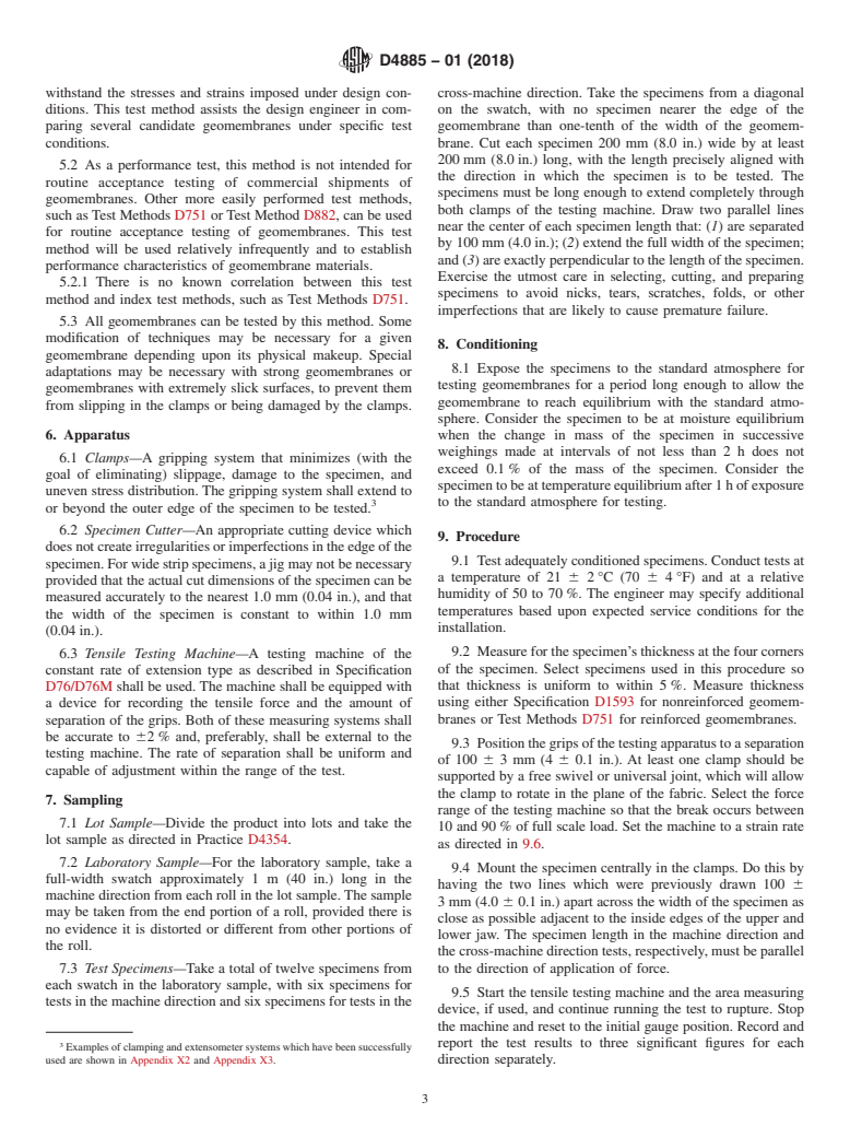 ASTM D4885-01(2018) - Standard Test Method for  Determining Performance Strength of Geomembranes by the Wide  Strip Tensile Method