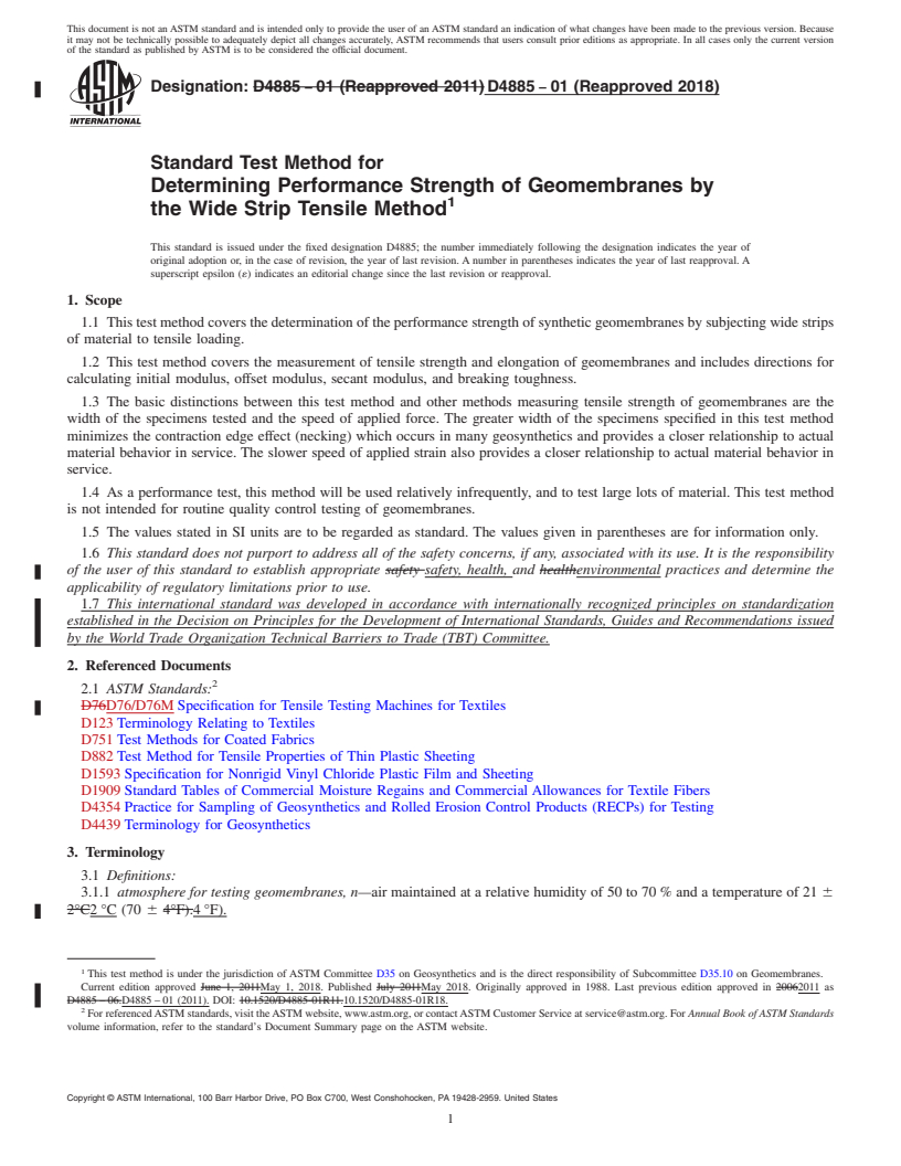 REDLINE ASTM D4885-01(2018) - Standard Test Method for  Determining Performance Strength of Geomembranes by the Wide  Strip Tensile Method