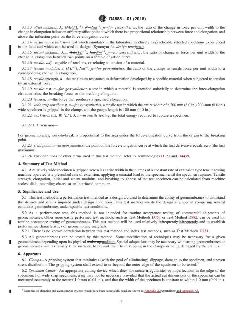 REDLINE ASTM D4885-01(2018) - Standard Test Method for  Determining Performance Strength of Geomembranes by the Wide  Strip Tensile Method