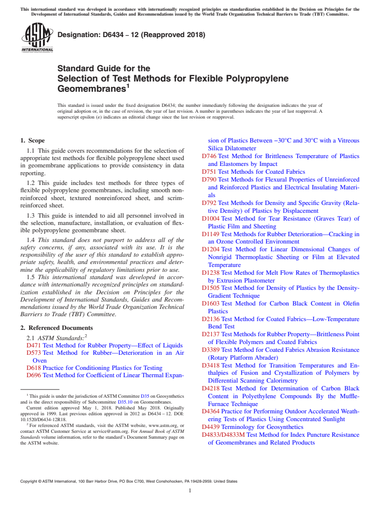 ASTM D6434-12(2018) - Standard Guide for the  Selection of Test Methods for Flexible Polypropylene Geomembranes