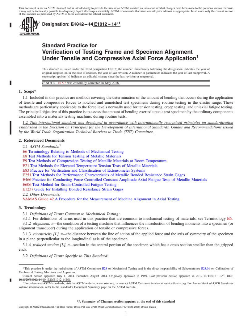 REDLINE ASTM E1012-14e1 - Standard Practice for  Verification of Testing Frame and Specimen Alignment Under  Tensile and Compressive Axial Force Application