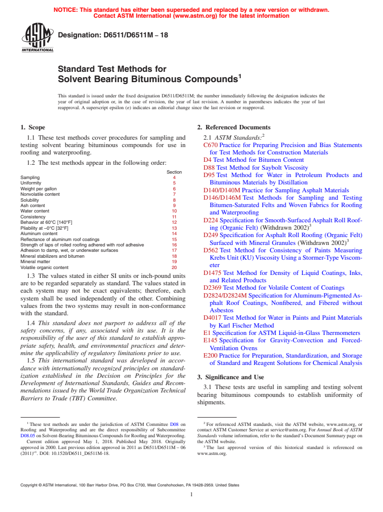 ASTM D6511/D6511M-18 - Standard Test Methods for  Solvent Bearing Bituminous Compounds
