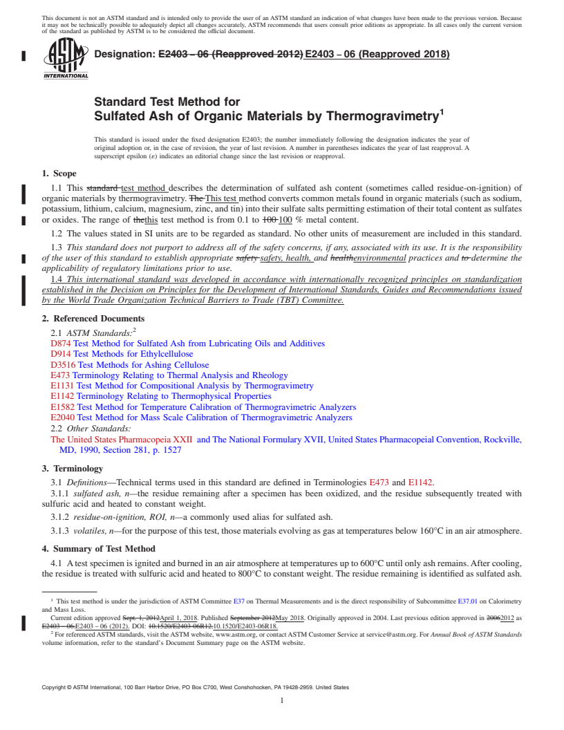 REDLINE ASTM E2403-06(2018) - Standard Test Method for  Sulfated Ash of Organic Materials by Thermogravimetry