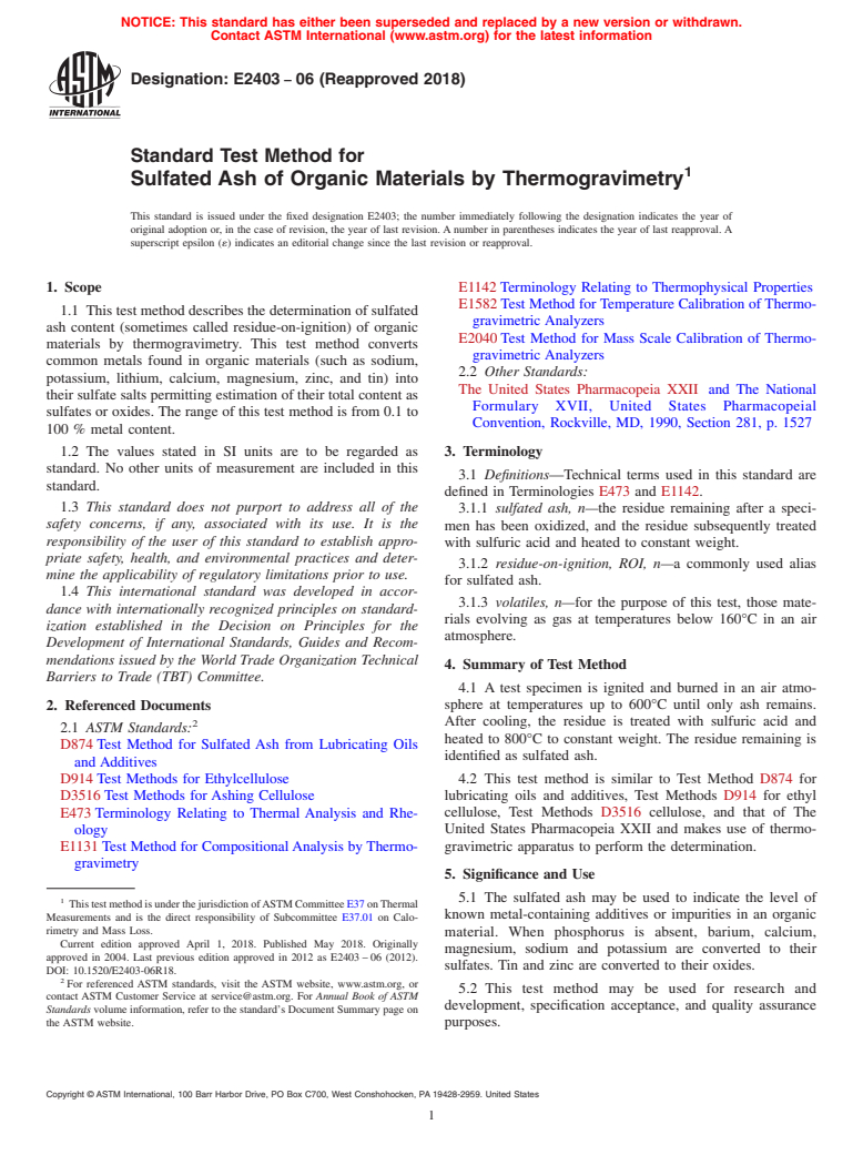 ASTM E2403-06(2018) - Standard Test Method for  Sulfated Ash of Organic Materials by Thermogravimetry