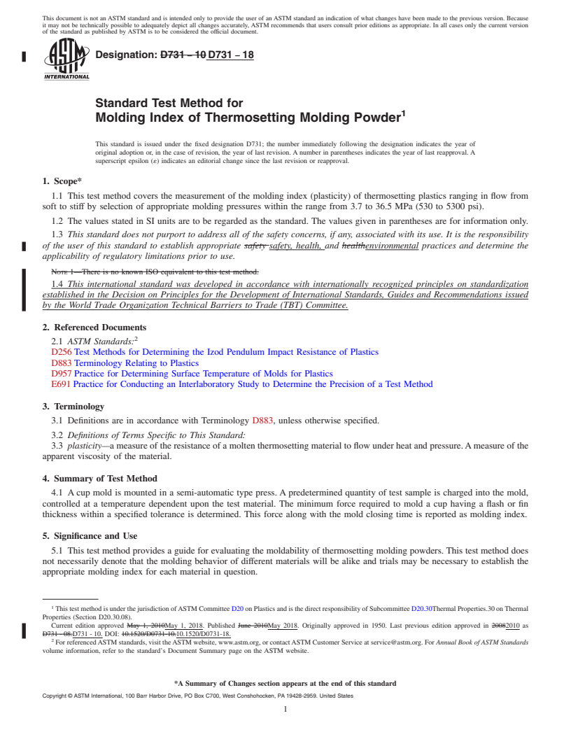 REDLINE ASTM D731-18 - Standard Test Method for  Molding Index of Thermosetting Molding Powder