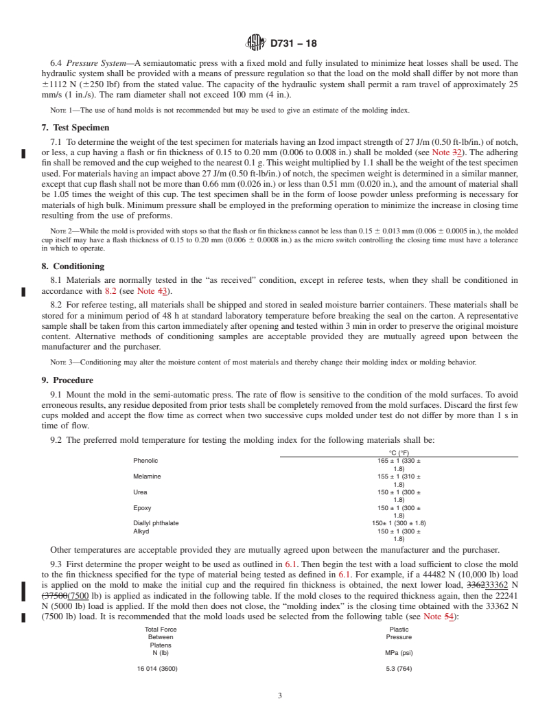 REDLINE ASTM D731-18 - Standard Test Method for  Molding Index of Thermosetting Molding Powder