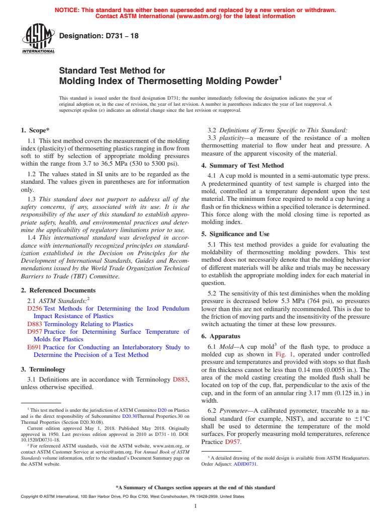 ASTM D731-18 - Standard Test Method for  Molding Index of Thermosetting Molding Powder