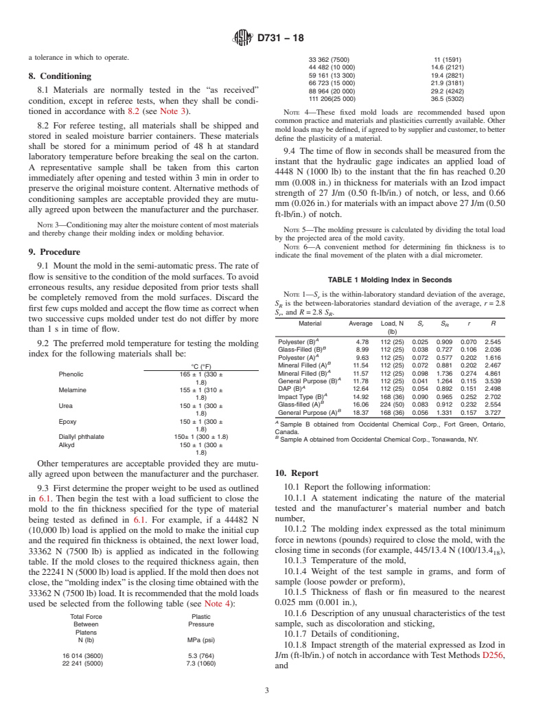 ASTM D731-18 - Standard Test Method for  Molding Index of Thermosetting Molding Powder