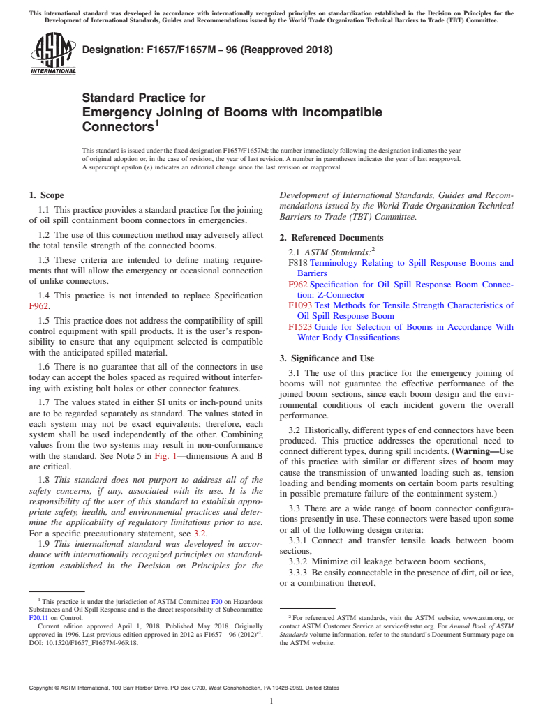 ASTM F1657/F1657M-96(2018) - Standard Practice for  Emergency Joining of Booms with Incompatible Connectors