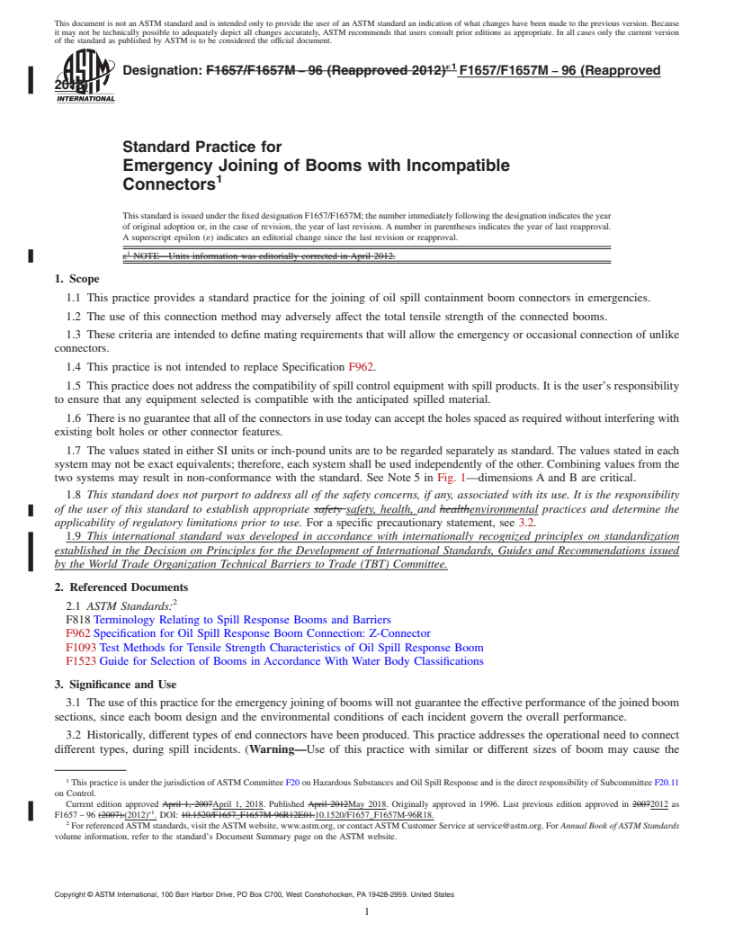 REDLINE ASTM F1657/F1657M-96(2018) - Standard Practice for  Emergency Joining of Booms with Incompatible Connectors