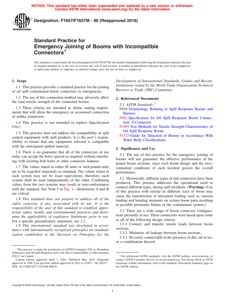 ASTM F1657/F1657M-96(2018) - Standard Practice for  Emergency Joining of Booms with Incompatible Connectors