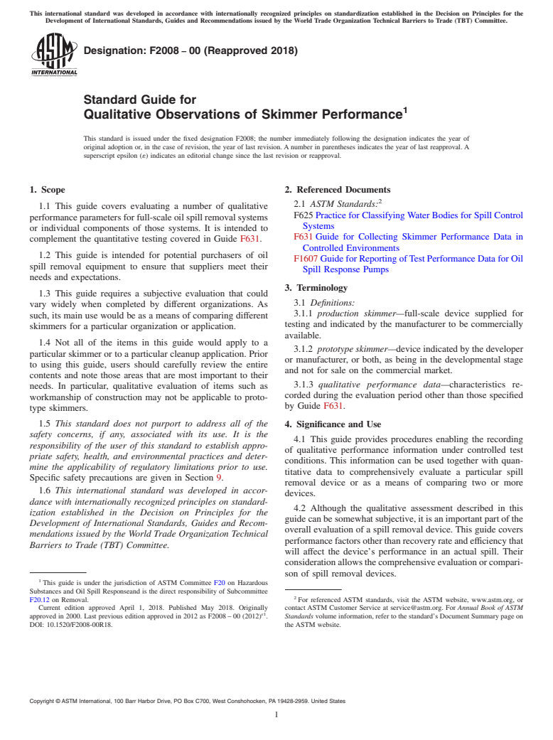 ASTM F2008-00(2018) - Standard Guide for  Qualitative Observations of Skimmer Performance