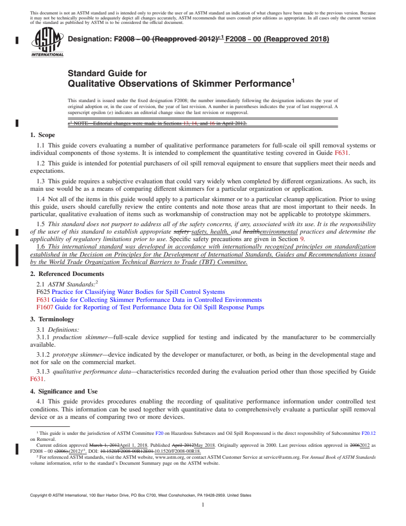 REDLINE ASTM F2008-00(2018) - Standard Guide for  Qualitative Observations of Skimmer Performance