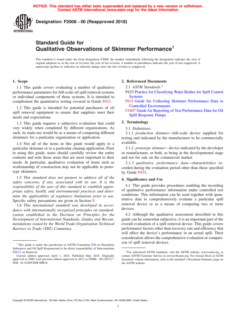 ASTM F2008-00(2018) - Standard Guide for  Qualitative Observations of Skimmer Performance