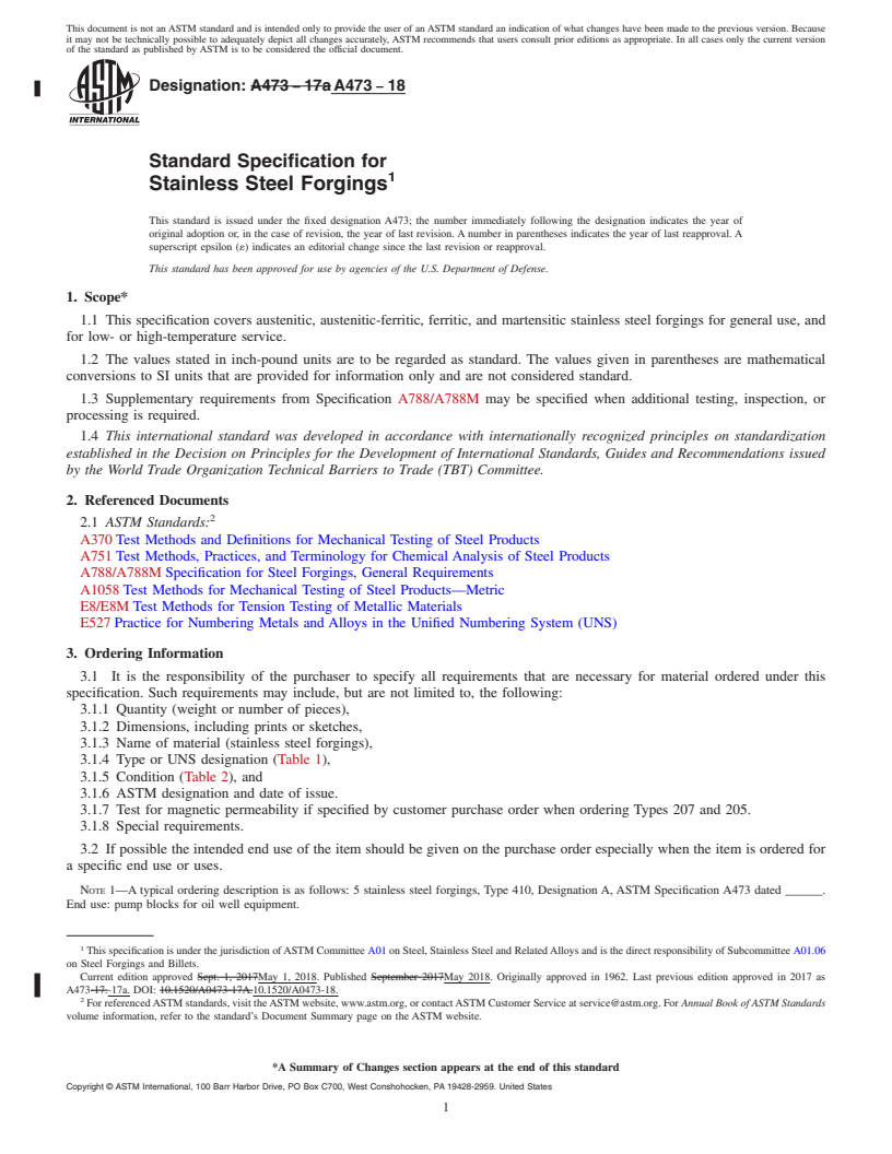 REDLINE ASTM A473-18 - Standard Specification for Stainless Steel Forgings